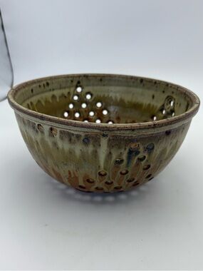 Handcrafted Pottery Colander Bowl in Brown and Olive Green